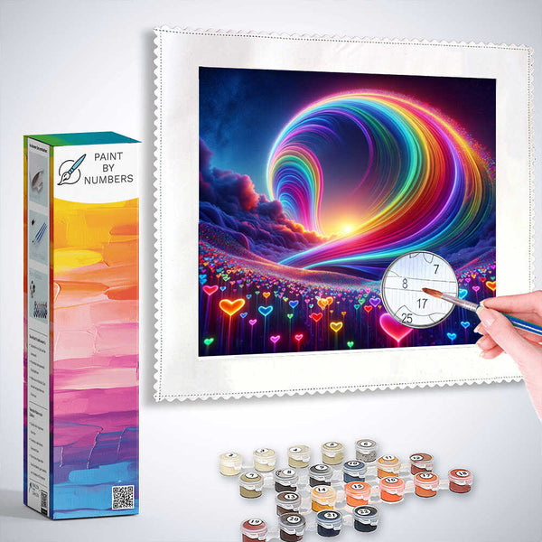 Paint by Numbers - Color Rush of the Heart, neon colored lines forming a luminous wave of love over heart-shaped symbols, paint set included
