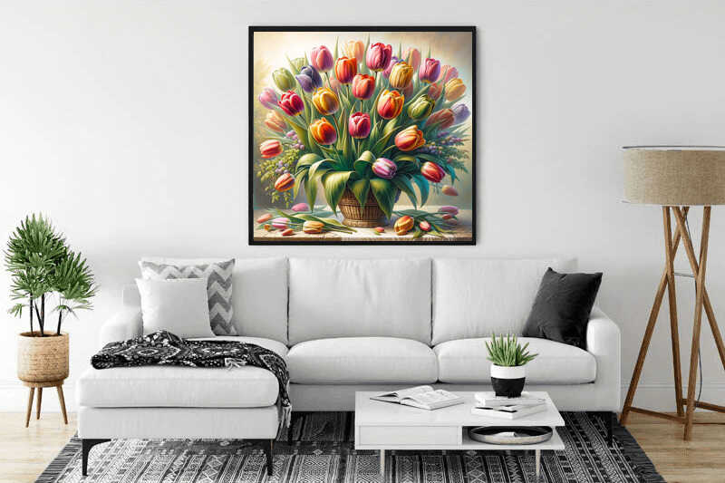 Paint by Numbers - Tulips in the morning light painting displayed in a modern living room, showcasing colorful spring flowers, enhancing the decor.