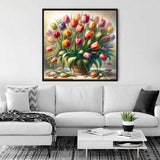 Paint by Numbers - Tulips in the morning light painting displayed in a modern living room, showcasing colorful spring flowers, enhancing the decor.