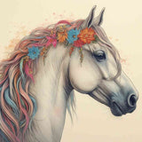 Paint by Numbers - Floral elegance in the wind, White Horse with colorful floral wreath and flowing hair evoking endless spring