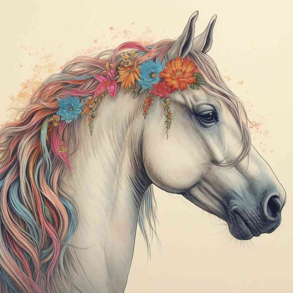 Paint by Numbers - Floral elegance in the wind, White Horse with colorful floral wreath and flowing hair evoking endless spring