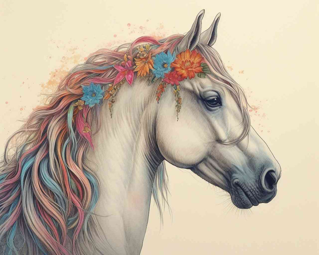 Paint by Numbers - Floral elegance in the wind, White Horse with colorful floral wreath and flowing hair evoking endless spring