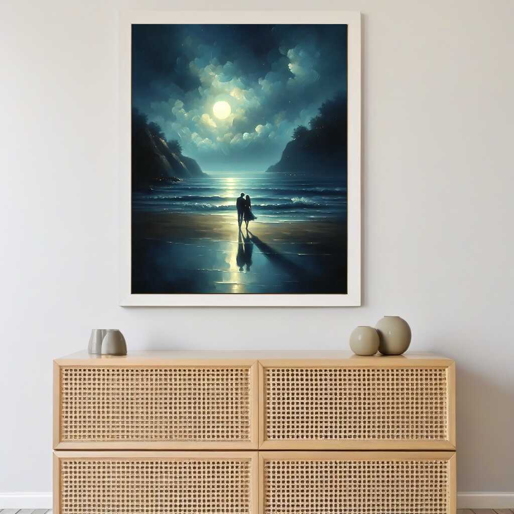 Paint by Numbers - Moonlight Synergy painting of a couple walking by the moonlit sea under a starry sky, evoking love and tranquility.