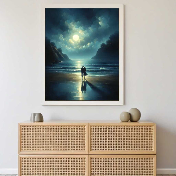 Paint by Numbers - Moonlight Synergy painting of a couple walking by the moonlit sea under a starry sky, evoking love and tranquility.