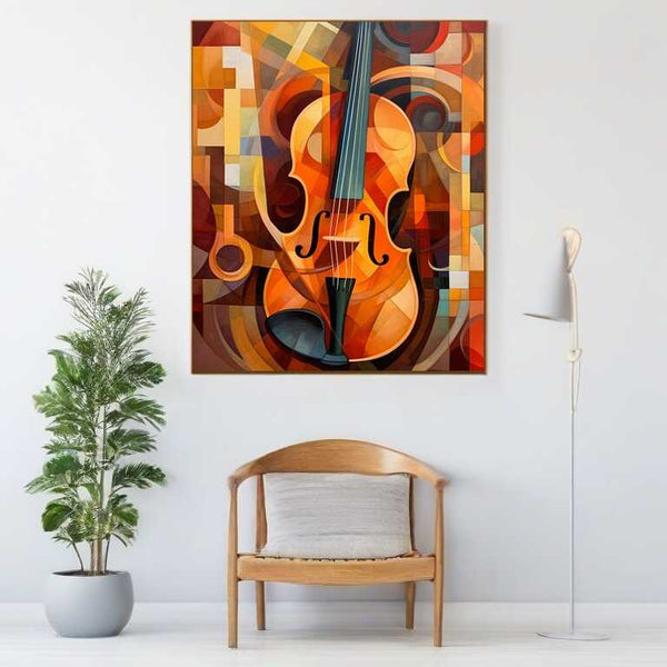 Paint by Numbers - Symphony of Forms artwork featuring a vibrant violin set against warm oranges and browns with abstract patterns