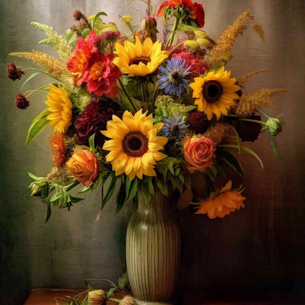 Vibrant still life with sunflowers, red, orange, and purple flowers in vase, showcasing a Paint by Numbers "Color Explosion" artwork.