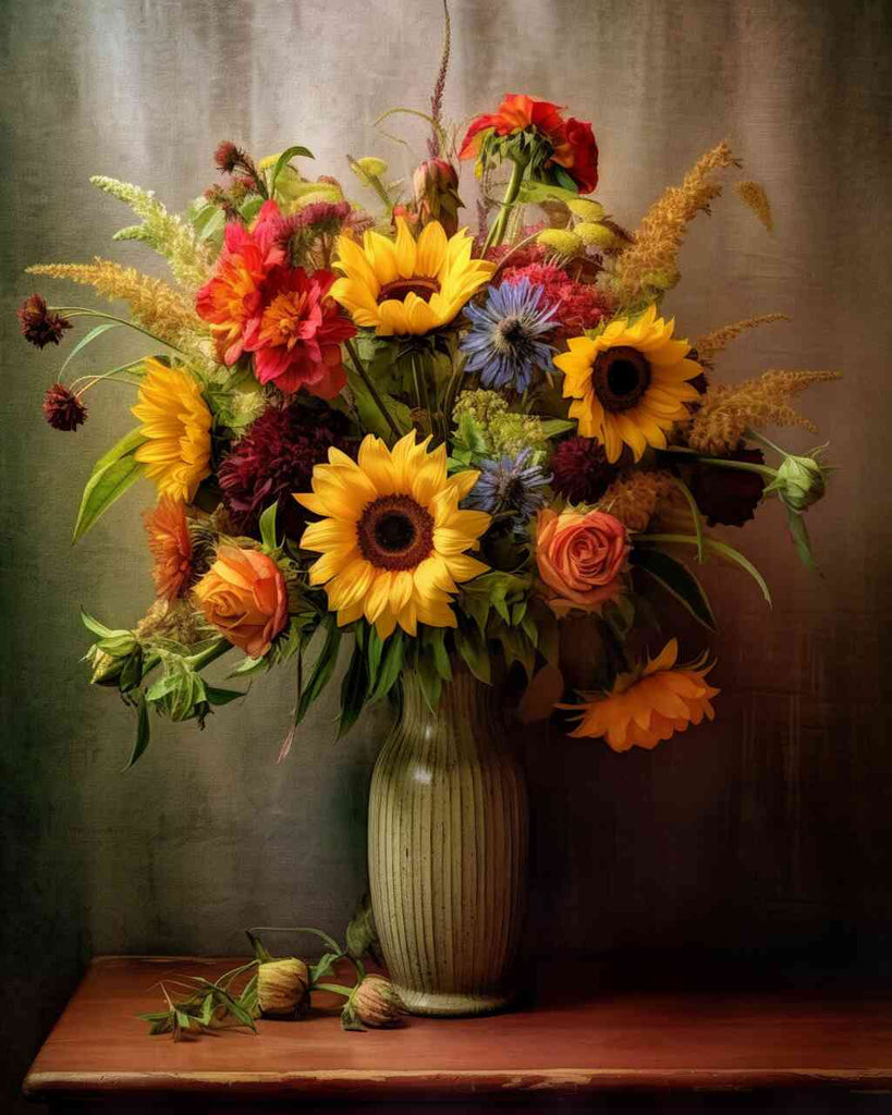 Vibrant still life with sunflowers, red, orange, and purple flowers in vase, showcasing a Paint by Numbers "Color Explosion" artwork.