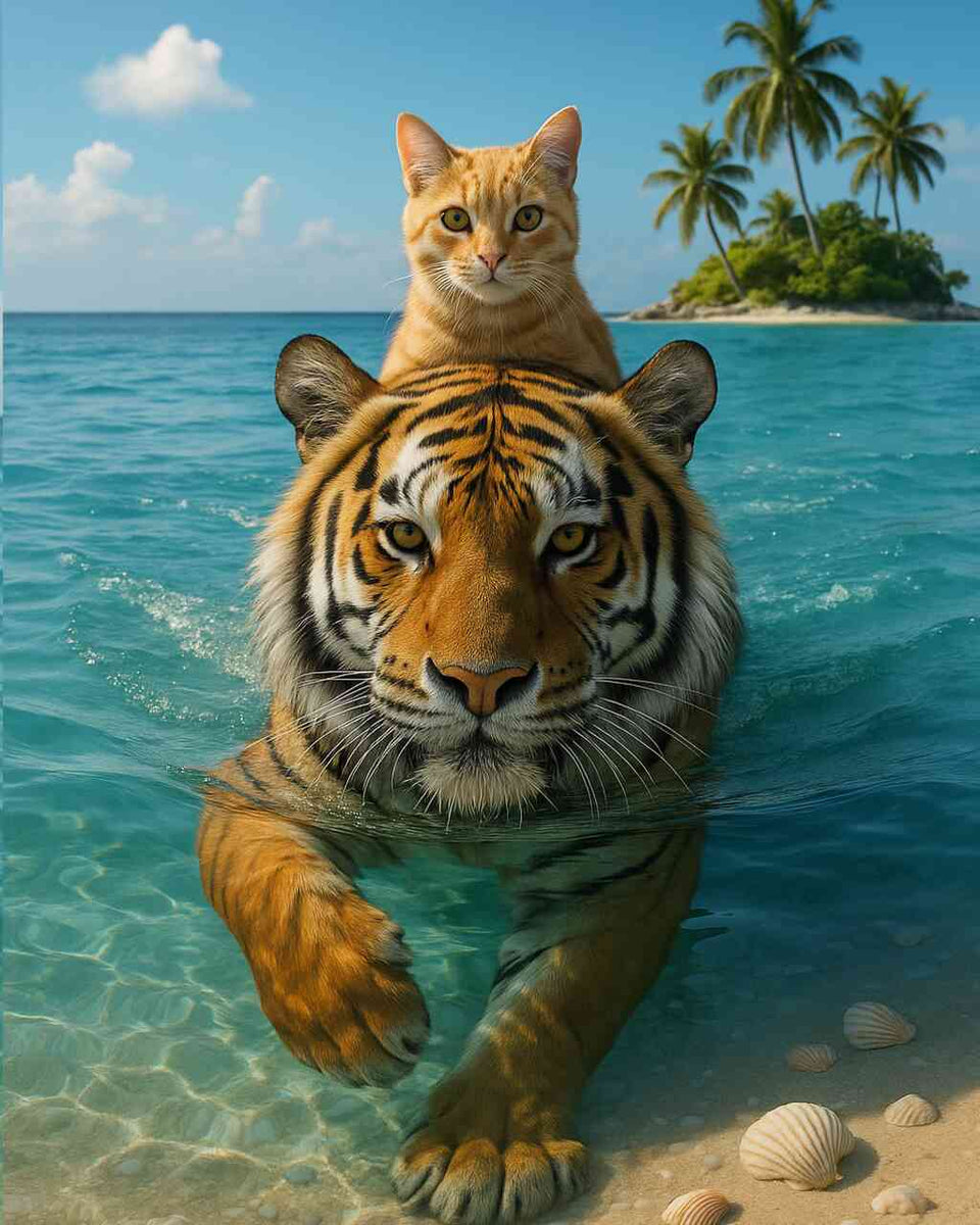 Paint by Numbers - Cat Swims on Tiger Through Sea