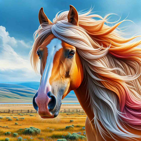 Paint by Numbers - Whisper of the Wind, expressionist art of a majestic horse with flowing orange and gold mane in a serene landscape