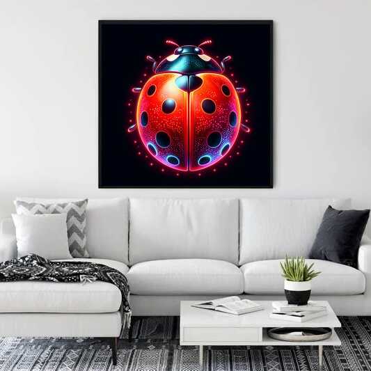 Paint by Numbers - Shining Wonders, Ladybugs vibrant artwork on wall, featuring a radiant red and deep blue ladybug in a dazzling array of colors.