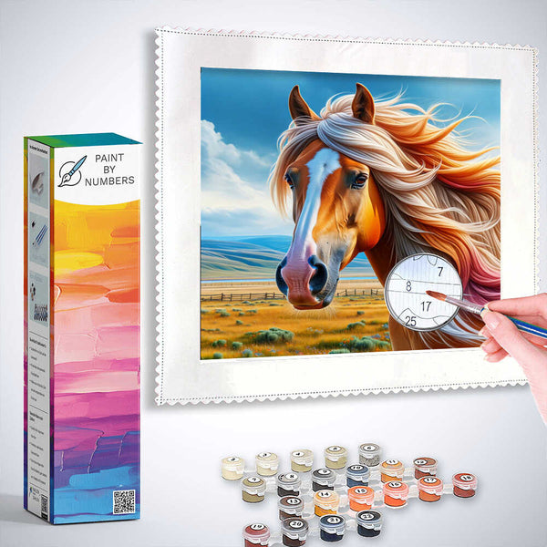 Paint by Numbers kit featuring Whisper of the Wind, a majestic horse painting with rich orange and gold mane flowing in the blue ether.