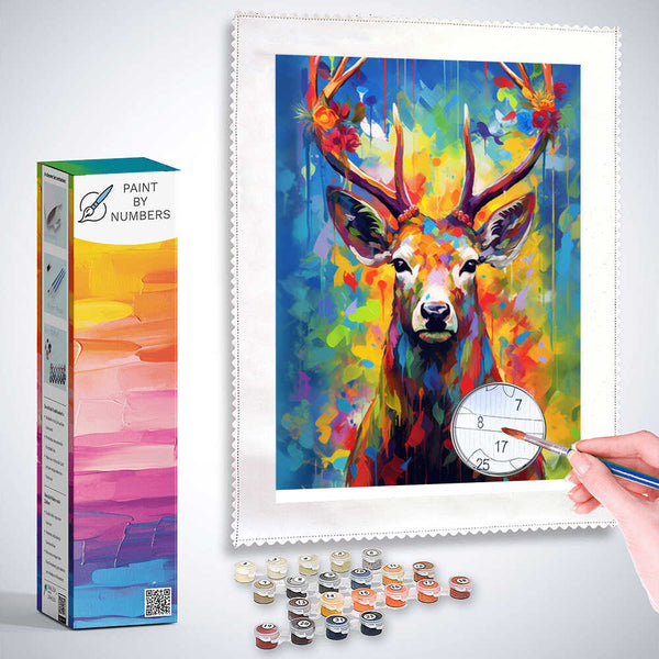 Paint by Numbers kit with colorful forest stag art, blooming antlers, bright palette of blue, yellow, and red, blending realism and abstraction.
