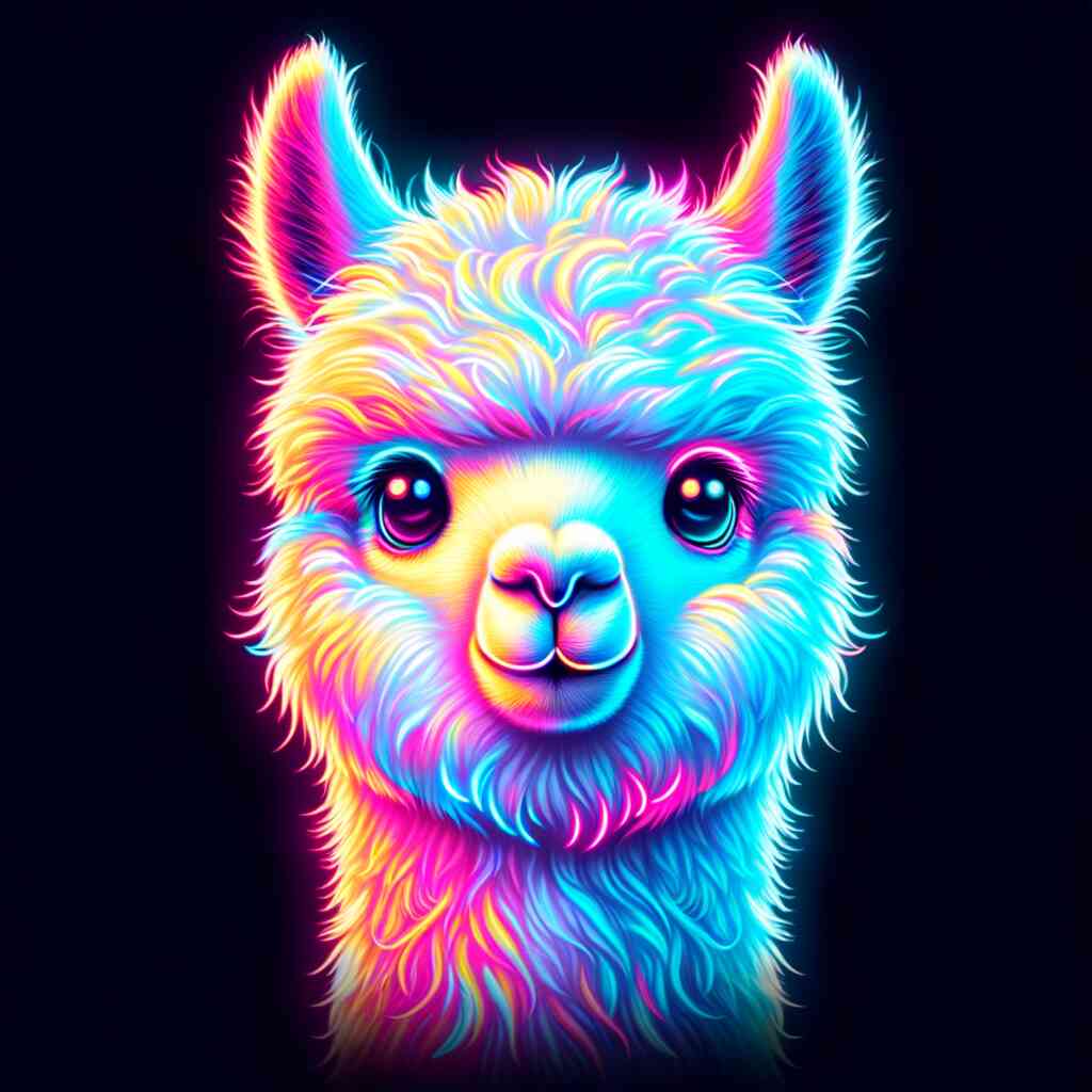 Paint by Numbers vibrant llama glowing with neon bright colors in Modern Pop Art style, featuring shades of blue, pink, and purple.