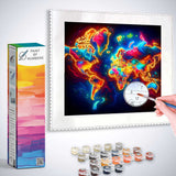 Paint by Numbers kit showcasing a vibrant neon Glowing World Map, with hand painting continents and included colorful paint pots