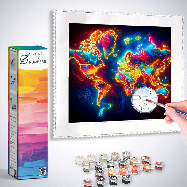 Paint by Numbers kit showcasing a vibrant neon Glowing World Map, with hand painting continents and included colorful paint pots