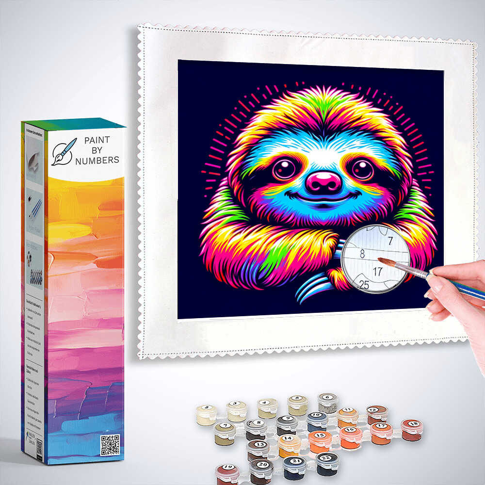 Paint by Numbers kit featuring a neon colored sloth with vibrant rainbow hues, expressive eyes, and a smiling face, including paints and brush.