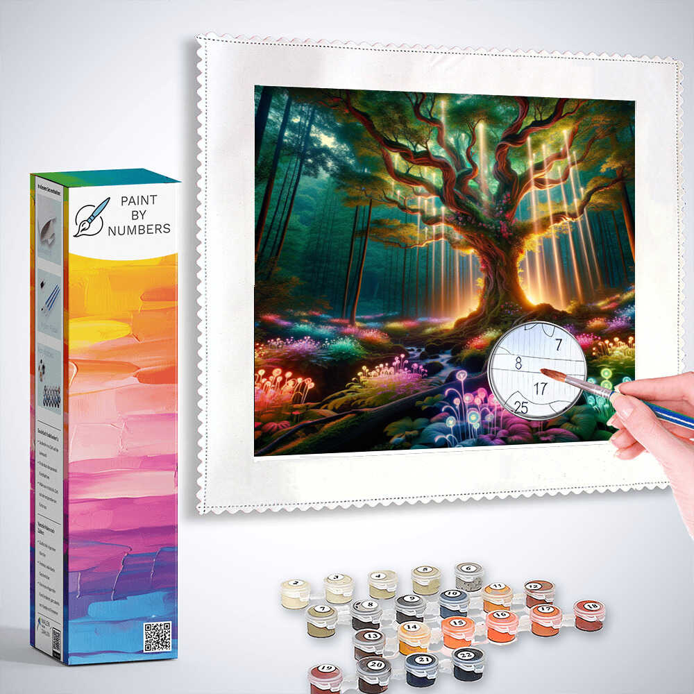 Paint by Numbers kit featuring a tree with mystical glow in an enchanted forest with vibrant light effects and sparkling plants.