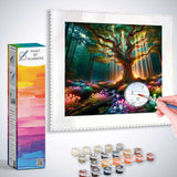 Paint by Numbers kit featuring a tree with mystical glow in an enchanted forest with vibrant light effects and sparkling plants.