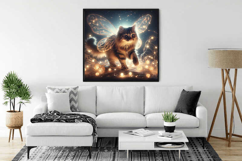 Paint by Numbers – "Magic of the Starry Night" featuring a majestic cat with glowing wings in a sparkling, gold-toned magical setting.