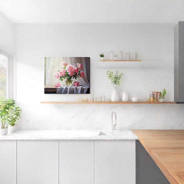 Paint by Numbers - Touch of Elegance still life artwork of peonies in a vase, adding grace to a modern white kitchen with wooden accents