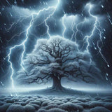 Paint by Numbers - Thunderstorms of Eternity, abstract depiction of a tree amidst an electrifying storm with lightning and cobalt blue sky.