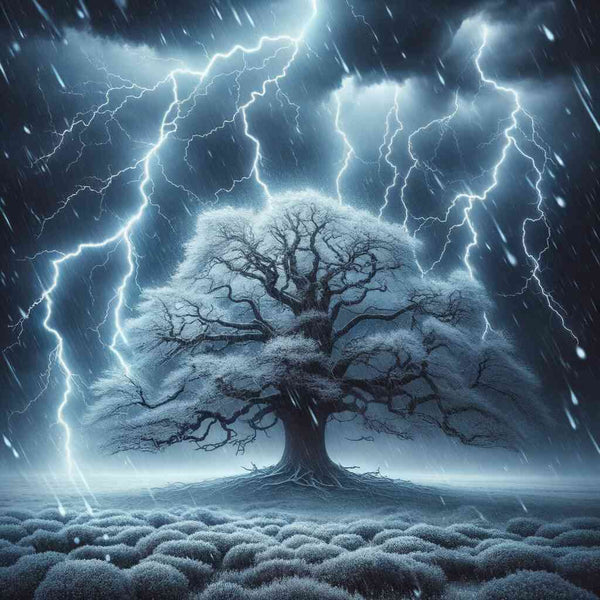 Paint by Numbers - Thunderstorms of Eternity, abstract depiction of a tree amidst an electrifying storm with lightning and cobalt blue sky.