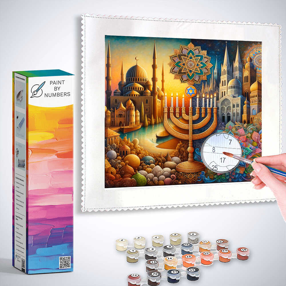 Paint by Numbers kit featuring a vibrant cultural landscape with architectural elements, Menorah, and Star of David.