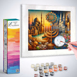Paint by Numbers kit featuring a vibrant cultural landscape with architectural elements, Menorah, and Star of David.