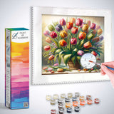 Paint by Numbers kit featuring colorful tulips in the morning light, with paint pots and a brush for a vibrant springtime scene