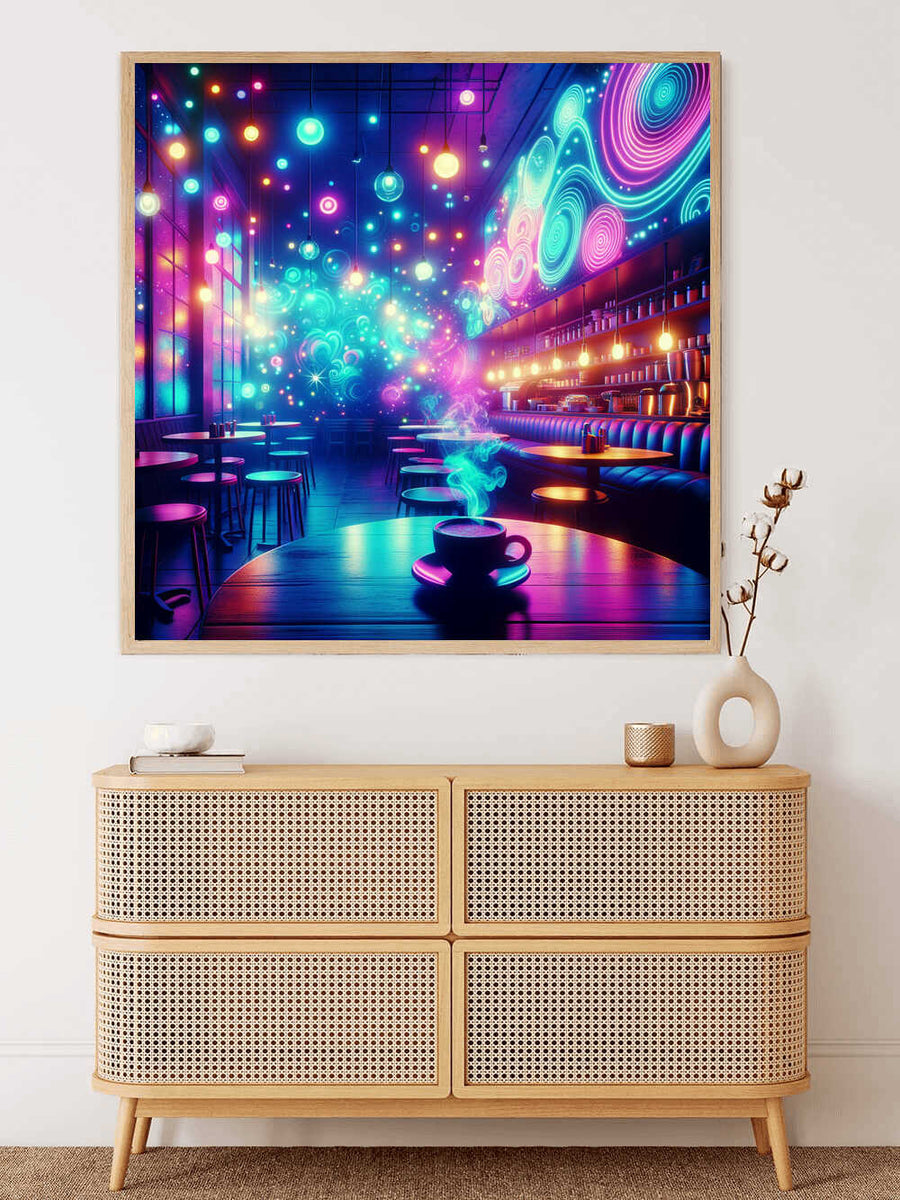 Paint by Numbers - Cosmic Coffee Break wall art displaying a vibrant café scene with colorful lights and a shimmering coffee mug.