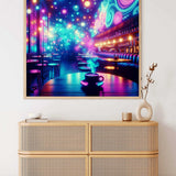 Paint by Numbers - Cosmic Coffee Break wall art displaying a vibrant café scene with colorful lights and a shimmering coffee mug.
