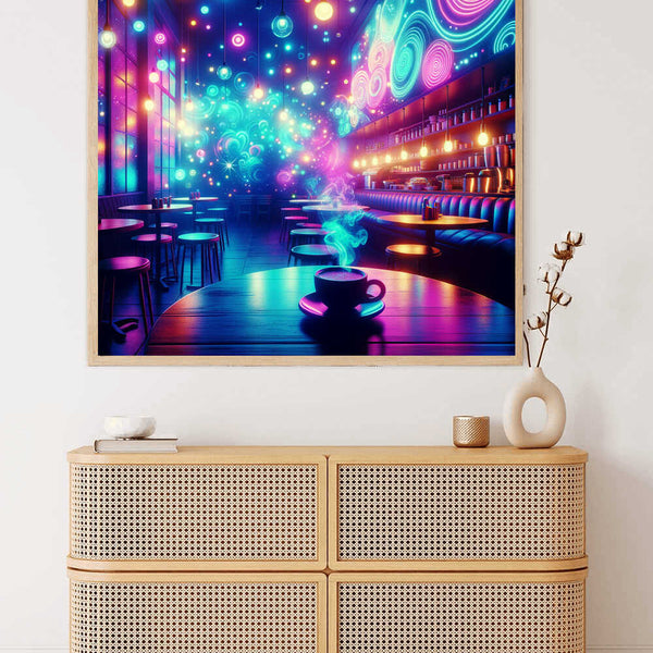 Paint by Numbers - Cosmic Coffee Break wall art displaying a vibrant café scene with colorful lights and a shimmering coffee mug.