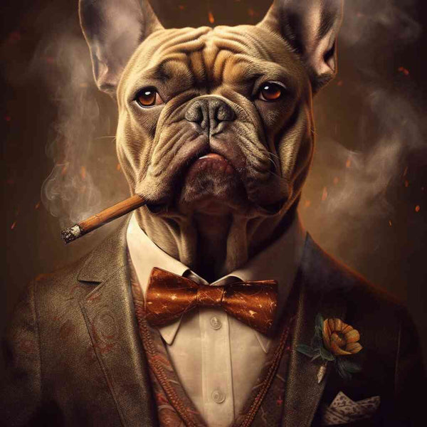 "Paint by Numbers - The Godfather of Paws featuring a dignified bulldog in a suit surrounded by smoke and sparks"