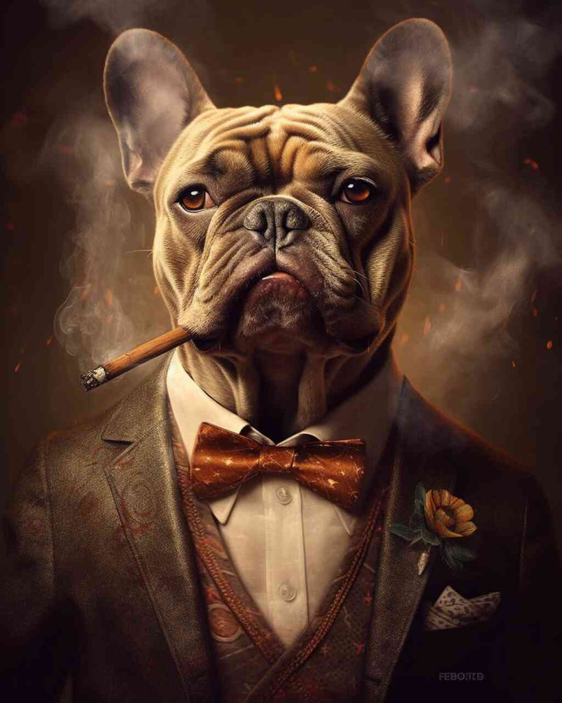 "Paint by Numbers - The Godfather of Paws featuring a dignified bulldog in a suit surrounded by smoke and sparks"