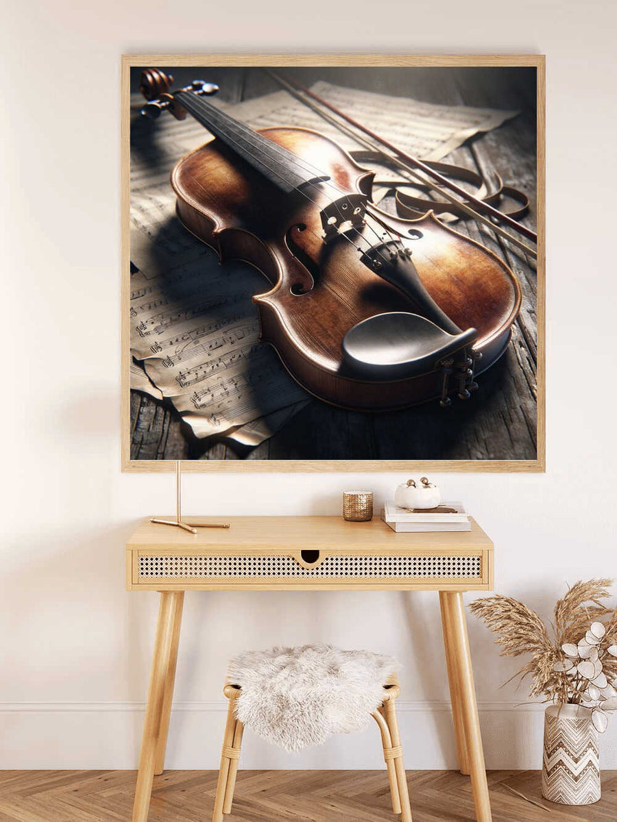 Paint by Numbers - Violin Sounds in the Morning Light artwork on wall above a wooden table and chair, featuring a shiny violin and music paper in soft light.