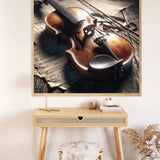 Paint by Numbers - Violin Sounds in the Morning Light artwork on wall above a wooden table and chair, featuring a shiny violin and music paper in soft light.