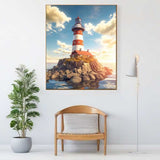 Paint by Numbers - Majestic red and white lighthouse on rocky island, glowing in sunset, reflecting in calm sea, symbolizing peace and guidance