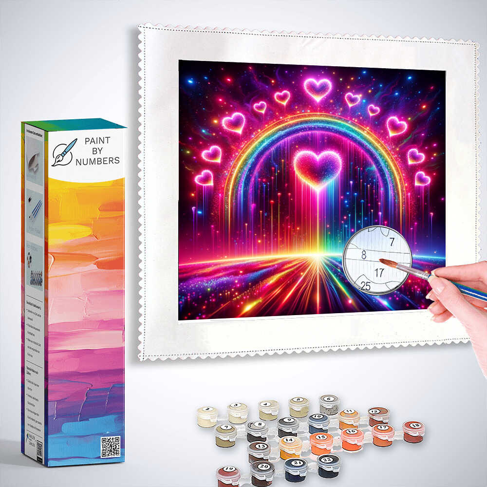 Paint by Numbers kit featuring a glowing rainbow and neon hearts in a starry sea, evoking love and hope with abstract expressionist elements.