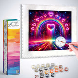 Paint by Numbers kit featuring a glowing rainbow and neon hearts in a starry sea, evoking love and hope with abstract expressionist elements.