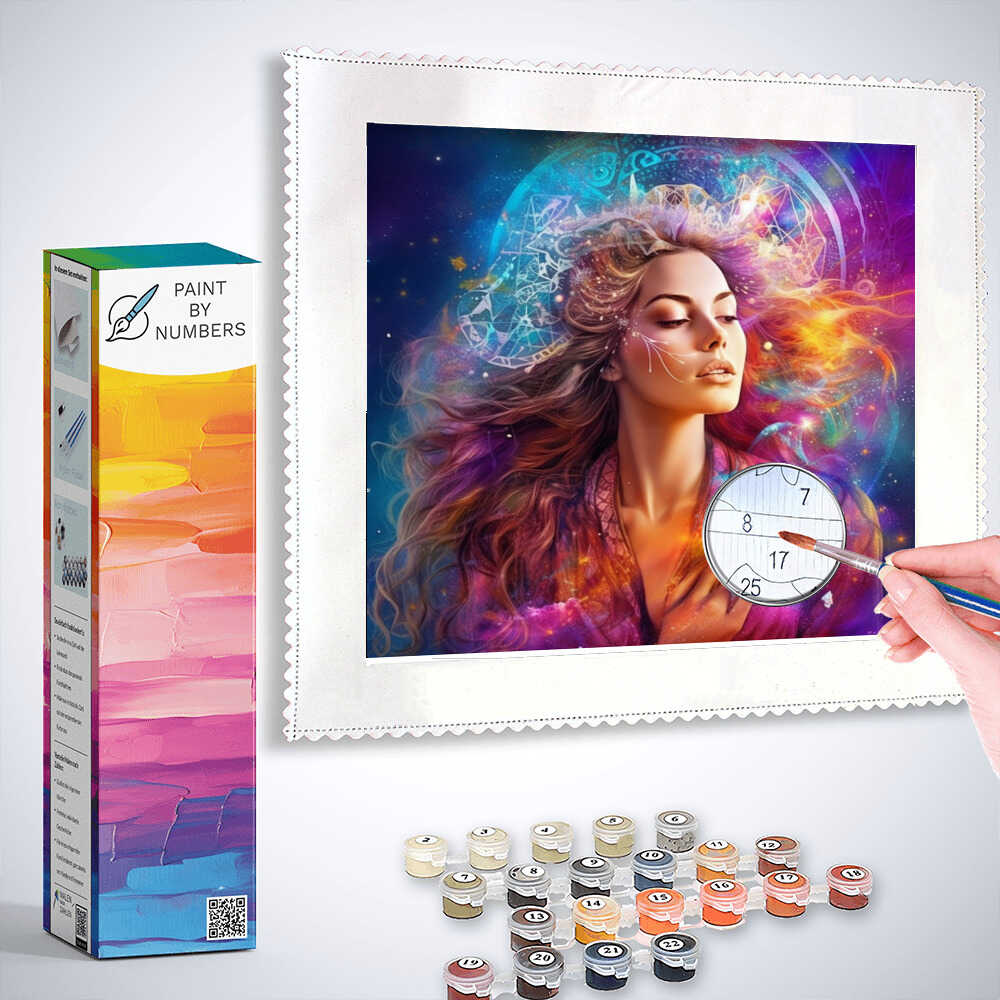 Paint by Numbers kit "Star Whisperer" featuring a mystical woman with cosmic patterns and vibrant colors.