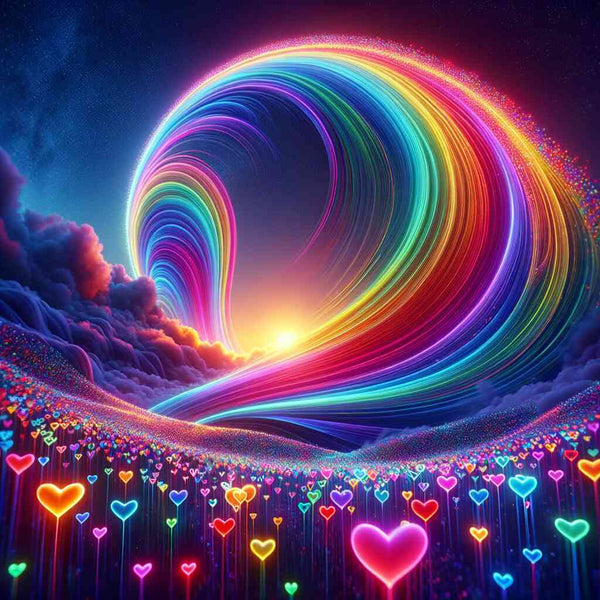 Paint by Numbers - Color Rush of the Heart: Neon colored lines and heart-shaped symbols forming a radiant wave of love against a dark sky.