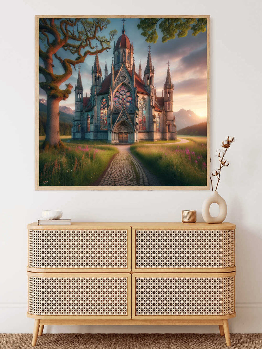 Paint by Numbers - The Awakening of the Timeless Cathedral, depicting a majestic cathedral at dusk with warm tones and dramatic sky.