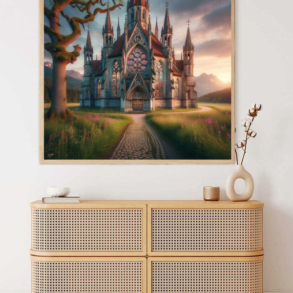 Paint by Numbers - The Awakening of the Timeless Cathedral, depicting a majestic cathedral at dusk with warm tones and dramatic sky.