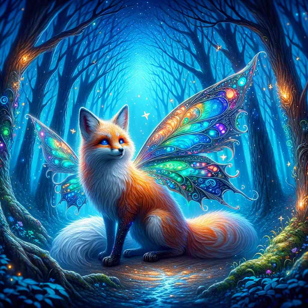 Paint by Numbers - Enchanted Forest Encounter, featuring a magical fox-butterfly creature with rainbow fur and sparkling wings in a sapphire blue forest.