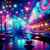 Paint by Numbers - Cosmic Coffee Break with vibrant coffee mug in futuristic café, colorful and hypnotic patterns illuminating the scene.