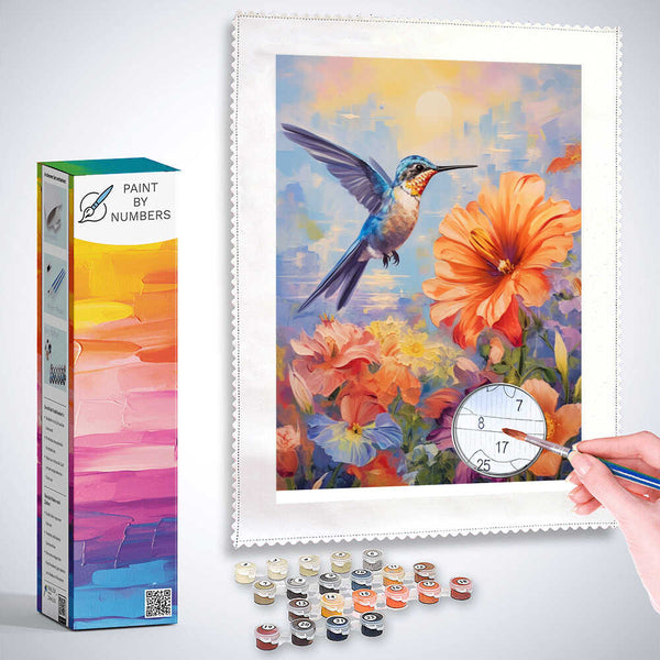 Paint by Numbers kit with a vibrant painting of a hummingbird hovering over colorful flowers in orange, violet, and blue tones.