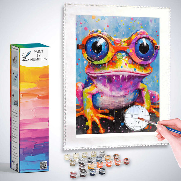 Paint by Numbers kit - Colorful frog with goggle eyes on a vibrant background, "Colorful Fantasia" whimsical art for creativity and fun