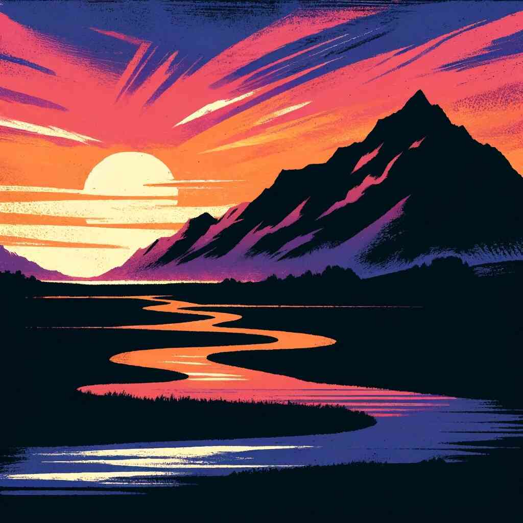 Paint by Numbers - "Awakening of the Wild" with vibrant sunrise over mountains and a winding river, capturing nature's beauty in rich colors.