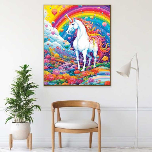 Paint by Numbers artwork of a majestic unicorn with a rainbow mane, standing in a fantasy land of colorful flowers and floating islands.