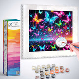 Paint by Numbers kit featuring colorful butterflies glowing in the night, with paint pots and brush included for vibrant artwork creation.